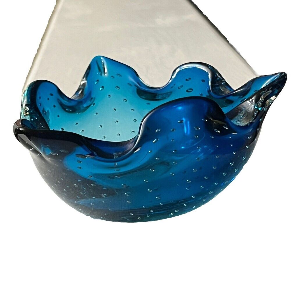Blue Art Glass Bowl Controlled Bubble Trinket Candy Dish MCM Retro Ashtray - Picture 5 of 7